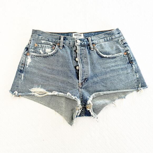 AGOLDE Vintage Denim Button Fly Cutoff Jean Shorts Raw Hem Size 27 - Picture 1 of 8